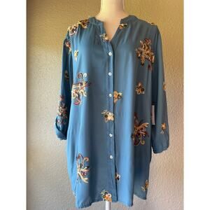 Kindred Women 2X Blue Embroidered Rayon Tunic Blouse Boho Floral Button Front